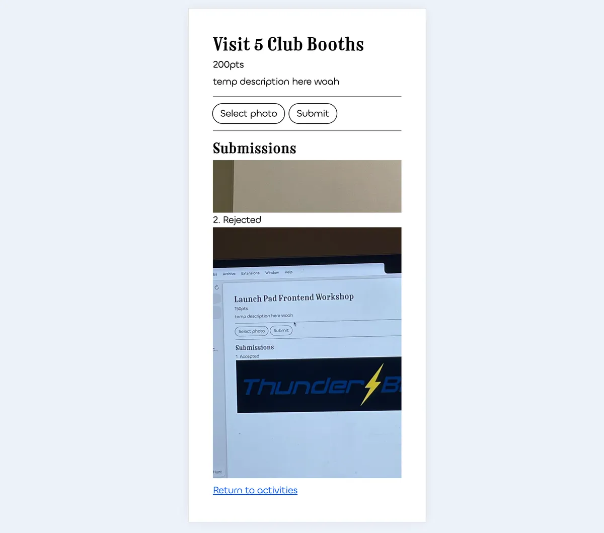 Figure 3: DuckHunt activity submissions page on mobile